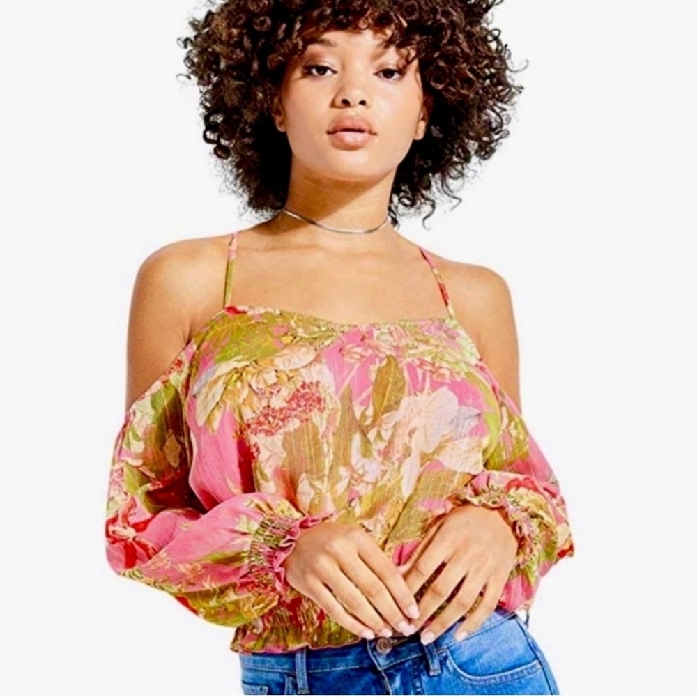 Guess Ashton Pink & Green Tropical Cold Shoulder Blouse W/Metallic Threads